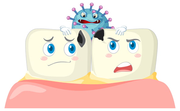 teeth decay with bacteria on white background